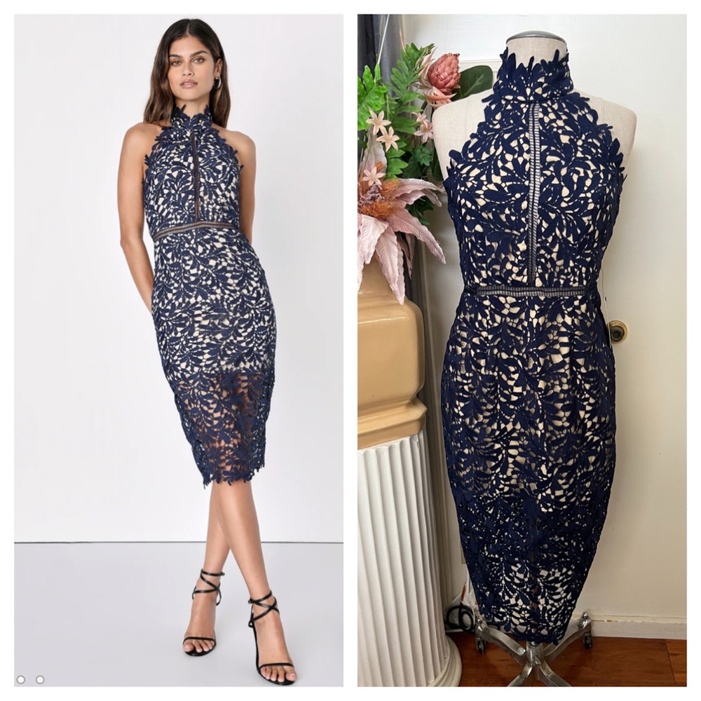*A2 NWT blue LULU'S sleeveless lace divine destiny midi party dress Small